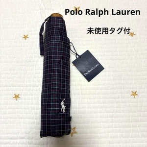 POLO Ralph Lauren Folding Umbrella Navy Plaid Pattern 24" Fiberglass Rib Frame - Picture 1 of 15