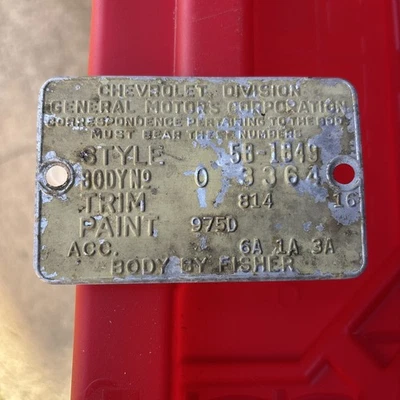 1958 Chevrolet Impala data plate, - Image 1 of 2