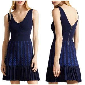 Ted Baker NWT Julote Navy Blue Flippy Knit Skater Dress Size 3 US 8 Sleeveless - Picture 1 of 14