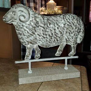 16.5" Primitive Farmhouse Ram Sheep Shelf Sitter Metal With Wood Base - Picture 1 of 5