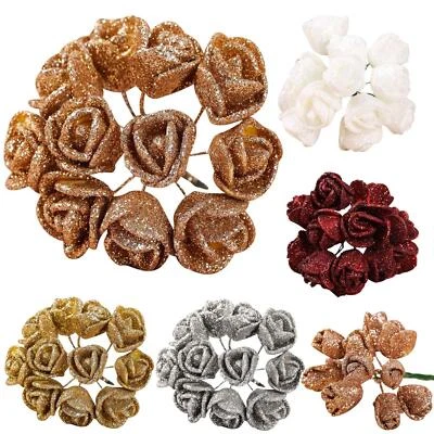 PETALLICA Bundle of 10 Mini Glitter Roses - Fake Flowers Craft Xmas Card Tree Scrapbook