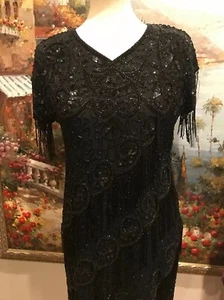 Vintage Women’s Beads Sequin Fireworks 1920s Fringed Flapper Black Party Dress - Picture 1 of 10