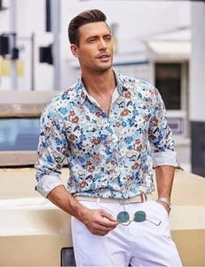 COOFANDY Men's Floral Button Down Shirt Long Sleeve Hawaiian Beach Shirt Blue L - Picture 1 of 6