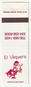 MATCHBOOK COVER - EL VAQUERO MEXIKANISCHES RESTAURANT - GEORGIEN - ALABAMA - Bild 1 von 3