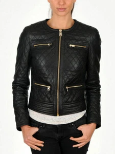 New Women's Black Quilted Slim Fit Biker Style Moto Real Leather Jacket - Picture 1 of 4