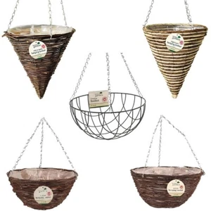 LIGHT/DARK RATTAN-WIRE HANGING BASKET SILVER CHAIN WICKER FLOWER PATIO PLANT POT - Picture 1 of 26