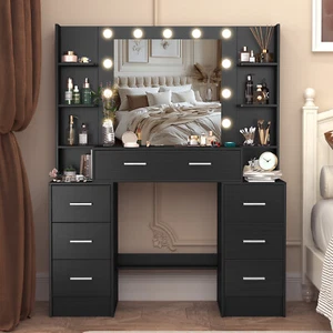 Set tavolo vanità trucco 7 cassetti con specchio led camera da letto comò scrivania - Foto 1 di 8
