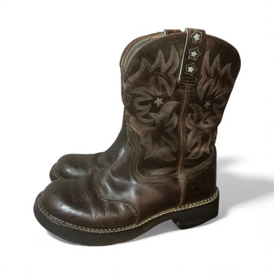 Brown Leather Ariat 16720 Sz 11 B Women's Western Style Pull On Boots BLue Stars - Image 1 of 4