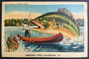 Exaggerated Man Pulling Up Fish Fishing Is Great Blacksburg Virginia Postcard - Picture 1 of 2