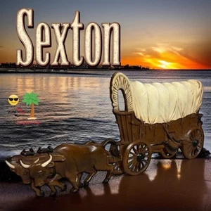 RARO! Carro coperto Sexton 1973 con Longhorn Bulls che tira metallo 3D made in USA! - Foto 1 di 8