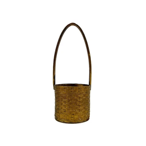 Vintage Gold Tone Metal Miniature Basket, Tall Handle, Basket Weave Pattern Cover