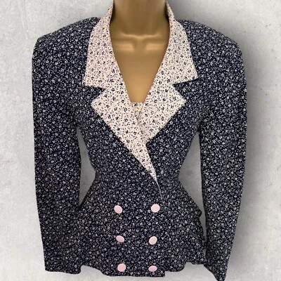 Fink Modell Ladies Stunning Vintage Navy Ivory Floral Peplum Jacket UK 8 - Image 1 of 3