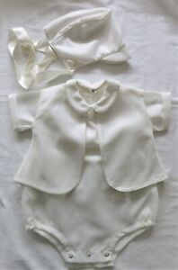 Vtg Baby Boy Christening Set One Piece Vest Bonnet White Nylon 3-6 mos 3 Pieces