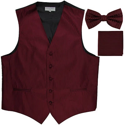 New Men's Formal Vest Tuxedo Waistcoat_bowtie & hankie set stripes burgundy - Image 1 of 4