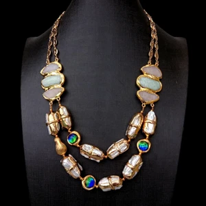 2 Rows Cultured Freshwater Biwa Pearl Amazonite Druzy Murano Glass Necklace 21" - Picture 1 of 6