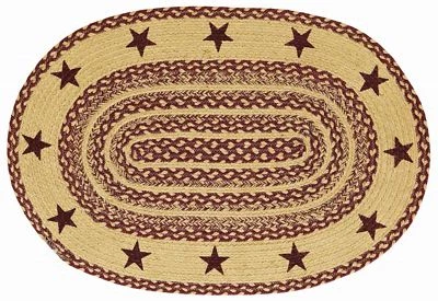 Eco-Friendly 2' x 3' Braided Jute Rug Country Farmhouse Burgundy & Tan w/ Stars - Image 1 of 4