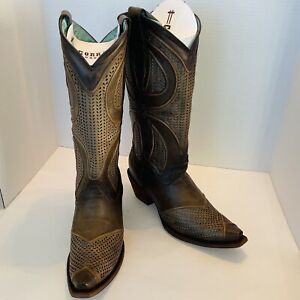 Corral Vintage Boots Laser cut leather Maple w/ teal Cowboy 8.5 M NEW Cowgirl