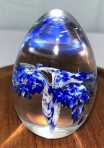 Blown Glass Clear/Blue/White flower with center bubble Paperweight Art Glass Egg - Picture 1 of 3