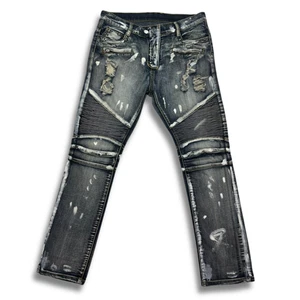 Balmain Paris Biker Moto Jeans Distressed Ribbed Gray/Black Men W34 Inseam 31 - Picture 1 of 13