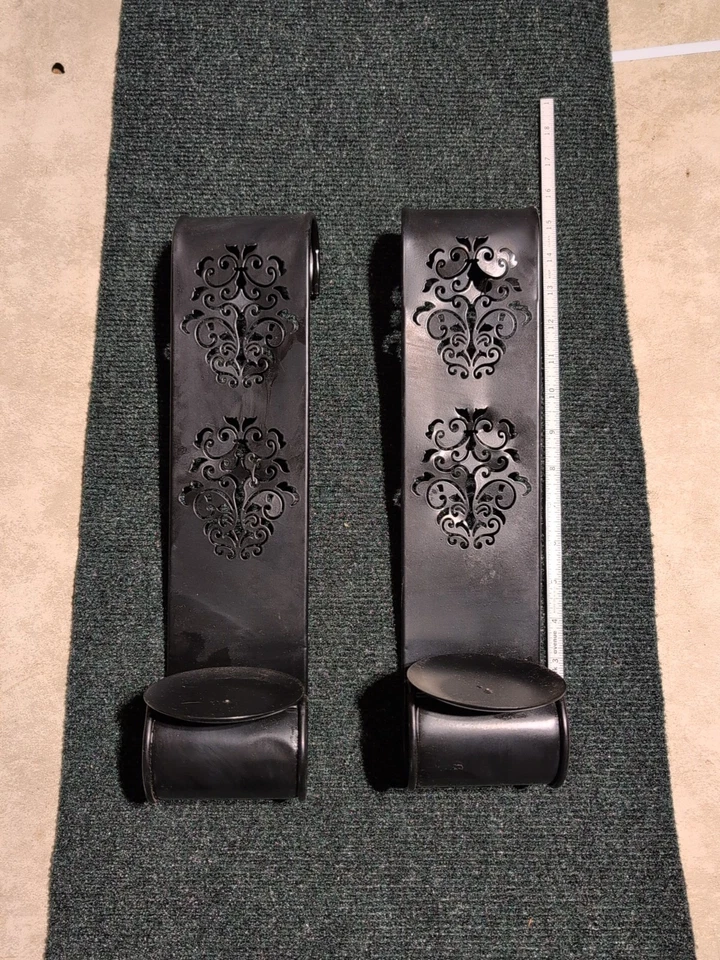 Rustic Black Metal Scroll Wall Hanging Pillar Candle Holders Sconces Decor Art - Image 1 of 3