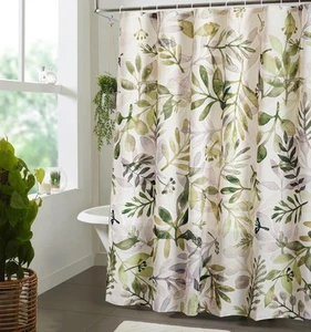 Sage Green Leaf Plant Fabric Shower Curtain, Watercolor Cute Boho Eucalyptus ... - Picture 1 of 8