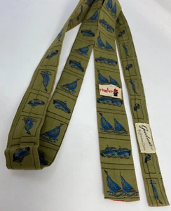 Hahn Baumwolle maritim Segelboote schmale quadratische Endkrawatte Vintage Krawatte 53 x1,50 - Bild 1 von 9