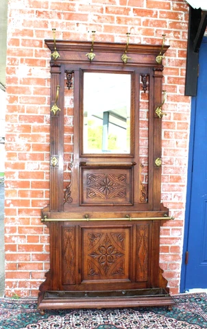 French Antique Carved Walnut Renaissance Hall Tree Stand / Coat Hanger Cover