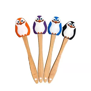 The Penguin Wooden Handle Silicone Scrappers Baking Tools Set Of 4 - Picture 1 of 6