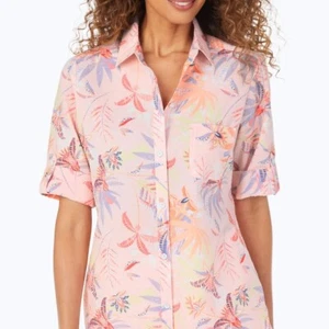 Foxcroft NYC Tropical Blumenmuster Seersucker Shirt - rosa - neu mit Etikett Misses 10 LESEN - Bild 1 von 4