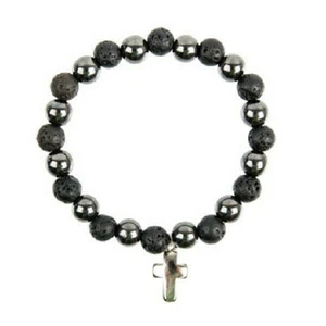 Bracelet perles 7 mm hématite et pierre de lava avec breloque croix métal - Imagen 1 de 1
