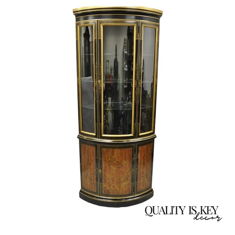 Drexel Heritage Et Cetera Black Gold Chinoiserie Bow Front China Display Cabinet Cover