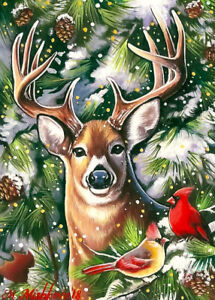 Limited Edition ACEO PRINT Stag Deer Winter Forest Wildlife Cardinal M. Mishkova