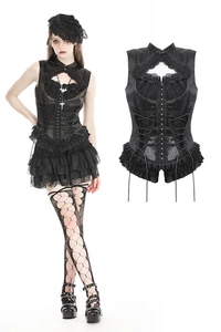 Dark In Love Women Black Gothic Lace Ruffle Trim Tie-Up Sleeveless Top Slim Vest - Picture 1 of 16