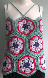 New Handmade Crochet Size L (36 Inches) Blue African Flower Hexagon Blouse Tops - Picture 1 of 4