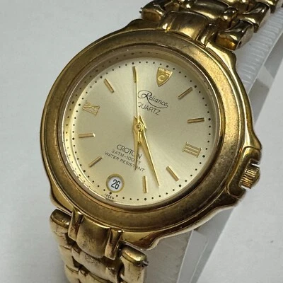 Vintage Reliance Croton Quartz Watch Unisex 30m Gold Tone Date New Battery 6.75" - Image 1 of 4
