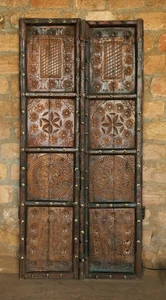 Antique Old Wood FLORAL 2 Carved Door Rare Indian Door Brass Dark Wood Tone 19c