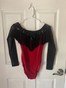 Girls L 12/14 Dance Costume Red Black Spanish Sequins Tassels Ballet Leotard - Picture 1 of 9
