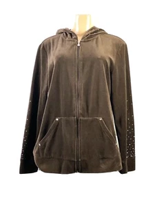 Style & Co. Sport Women’s Hooded Velour Jacket Brown W Rhinestones Sz L RV05 - Picture 1 of 5