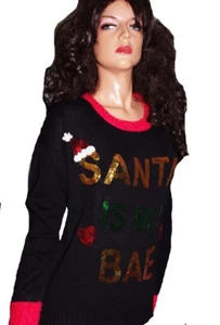 Mujeres SANTA IS MY BAE Novio MEJOR Amigo Feo Navidad Suéter Fiesta L NUEVO - Imagen 1 de 1