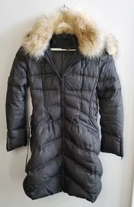 Dawn Levy Black Down  Medium Puffer Jacket  Coat Double Fur Collar Hood - Picture 1 of 6