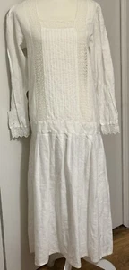 EILEEN WEST Prairie Dress Size 8 US Linen Cotton Drop Waist White Lace - Picture 1 of 12