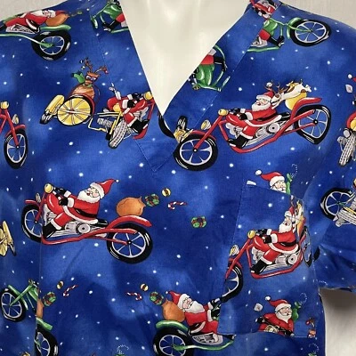 Santa Clause Motorcycle Chopper Nurse Scrub Top 3 pockets Blue Large - Image 1 of 4