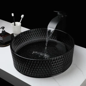 Fregadero de lavabo de vidrio redondo negro Cystal grifo combinado y desagüe - Imagen 1 de 9