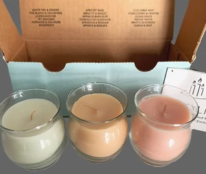 Juego de 3 velas PartyLite tarro té blanco jengibre pepino menta albaricoque albahaca caja P9578 - Imagen 1 de 6