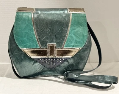 Vintage Art Deco Green Teal Metallic Leather Crossbody Purse Removable Strap - Image 1 of 4