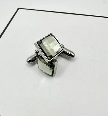 VTG Swarovski Swan Logo Silver Tone Square Faceted Gray Crystal Cufflinks Read - Image 1 of 4