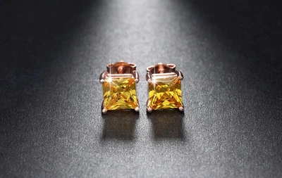 1.5ct Natural Princess Yellow Citrine Solitaire Stud Earring 14k Solid Rose Gold - Image 1 of 4