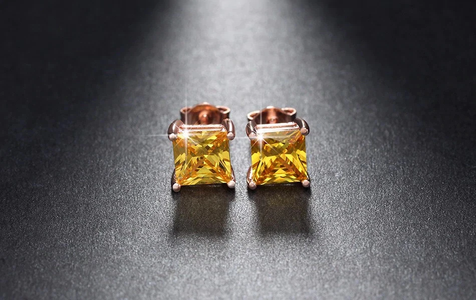 1.5ct Natural Princess Yellow Citrine Solitaire Stud Earring 14k Solid Rose Gold - Image 1 of 4