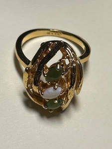 VINTAGE 18KT HGE RING 2 Green Stone 1 White Center Stone Gold Tone7.25 - Picture 1 of 8