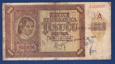 1000 Kuna 1941. Croatian banknote, NDH Ustasa WWII, stamp UNIŠTITI ARHIVA SERBIA - Image 1 of 2